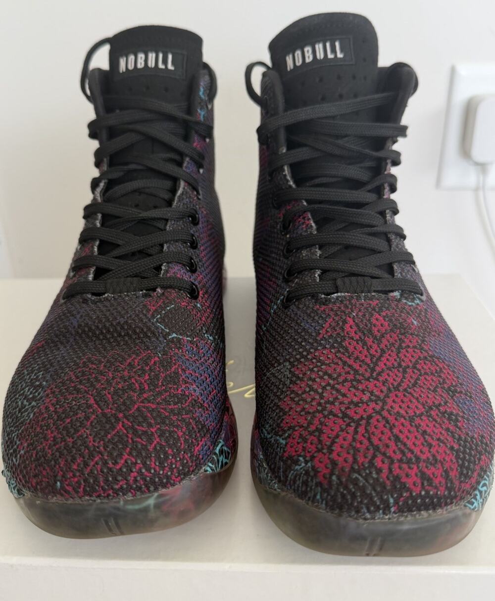 NoBull Superfabric Trainer Shoes Hi Top Black Multicolor Midsoles Sz M 9 W 10.5